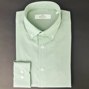 a green and white checkered dress shirt