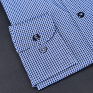 a close up of a blue and white checkered shirt