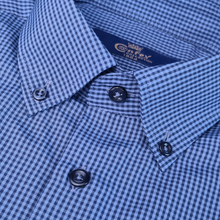 a close up of a blue and white checkered shirt